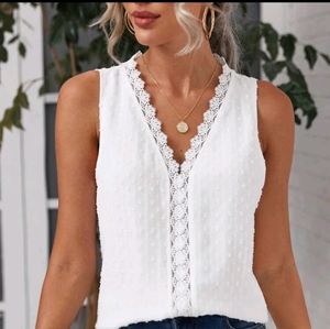 Shein White Lace Insert Swiss Dot Chiffon Top XS